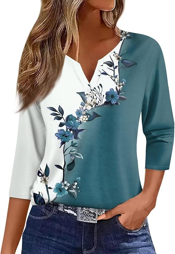 Women Fashion 2024 Floral Geometric V Neck Casual Shirts